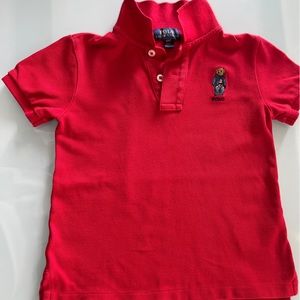 100% Cotton Ralph Lauren Red polo shirt w/ denim
polo bear embroidered on front